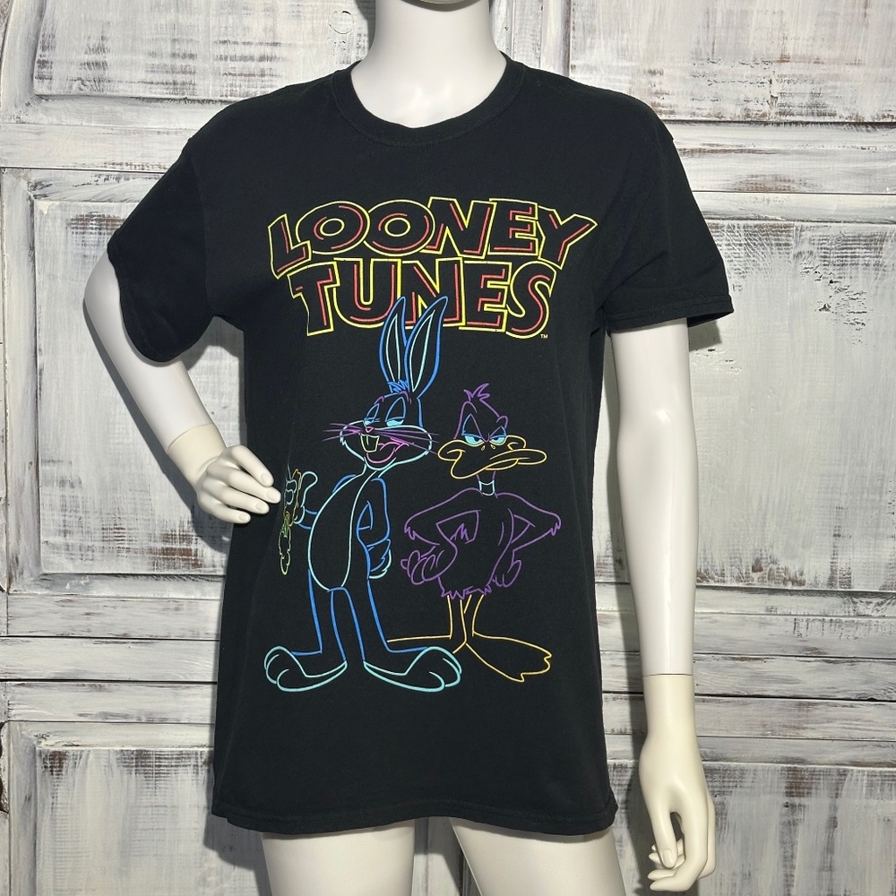 Looney Tunes Bugs Bunny Daffy Duck Neon Print Black Graphic T-Shirt Size M